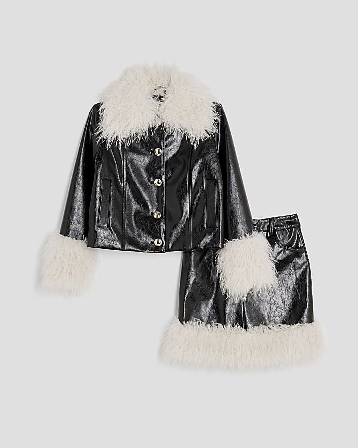 Girls Black Shaggy Faux Leather Skirt Set