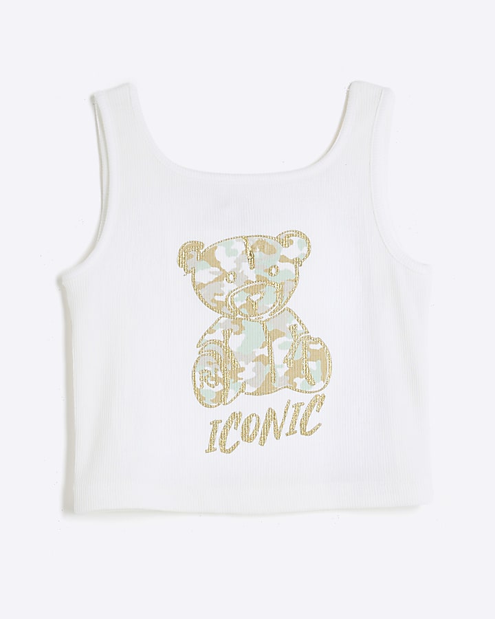 Girls White Camouflage Bear Tank Top