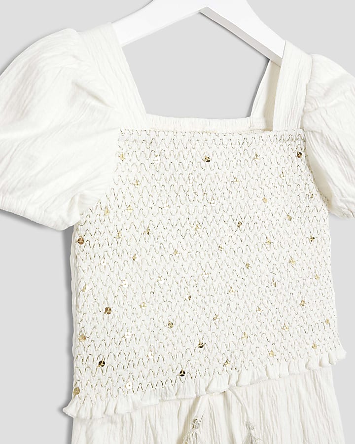 Mini Girls White Sequin Top And Trousers Set