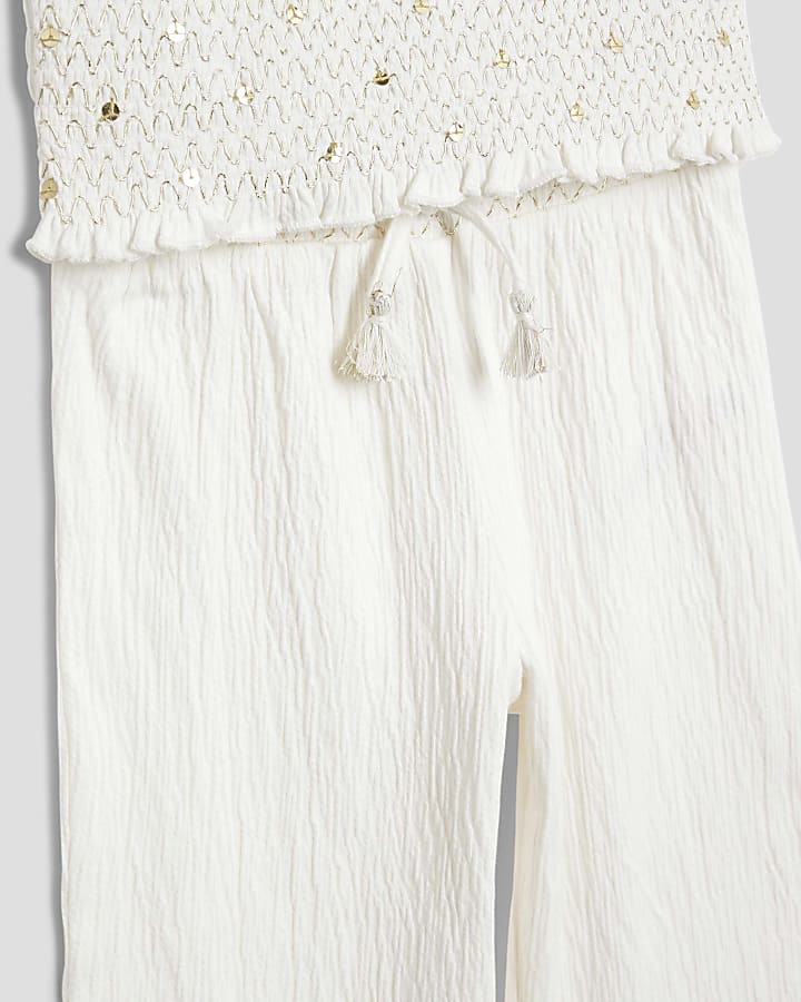 Mini Girls White Sequin Top And Trousers Set