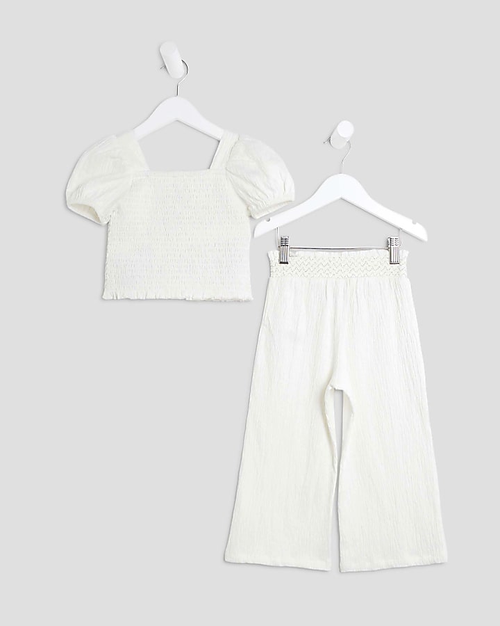 Mini Girls White Sequin Top And Trousers Set