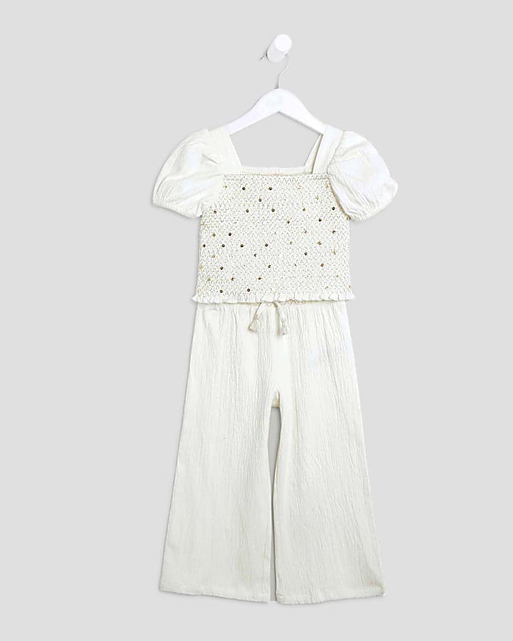 Mini Girls White Sequin Top And Trousers Set