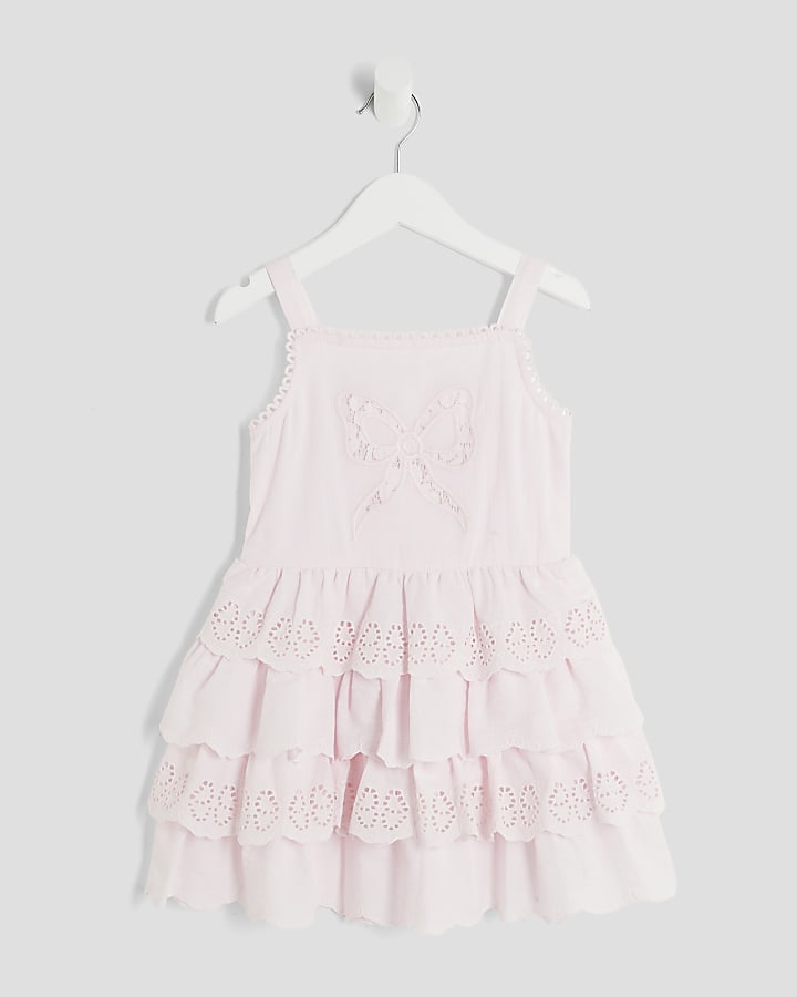 Mini Girls Pink Broderie Frill Bow Dress