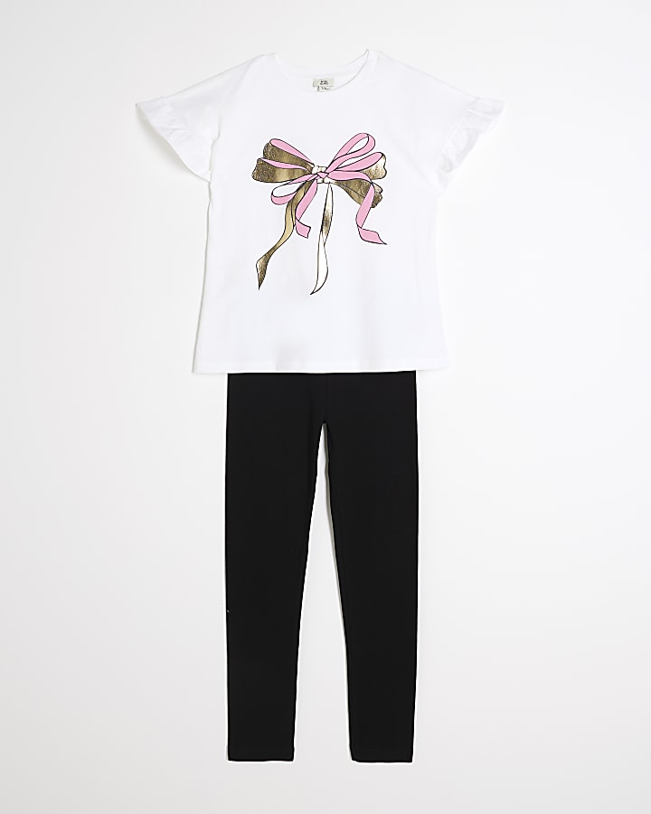 Girls White Bow T-shirt And Leggings Set