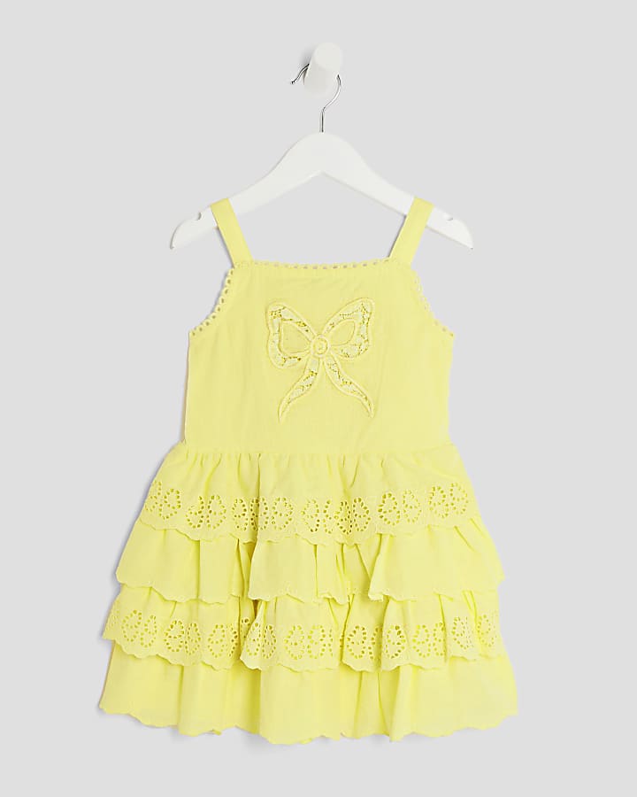 Mini Girls Yellow Broderie Frill Bow Dress