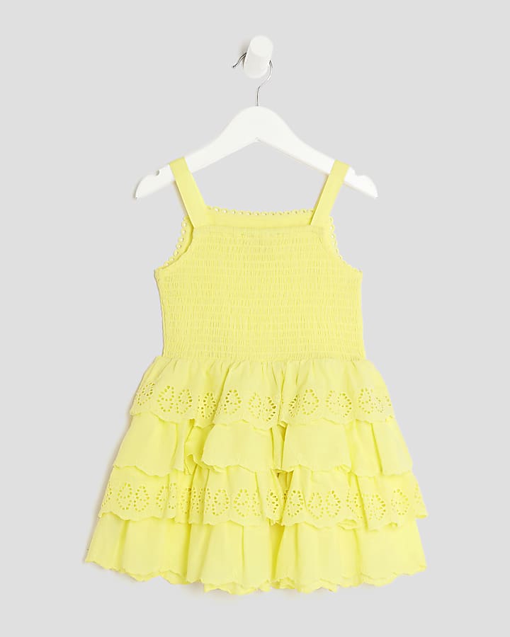 Mini Girls Yellow Broderie Frill Bow Dress
