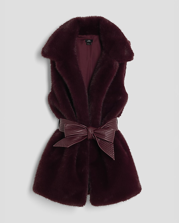 Girls Red Faux Fur Belted Gilet