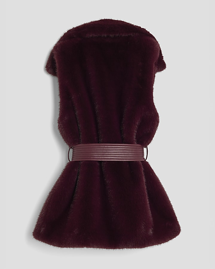 Girls Red Faux Fur Belted Gilet