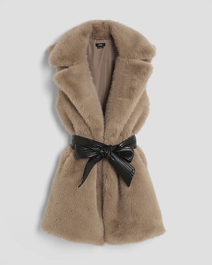 Girls Brown Faux Fur Belted Gilet