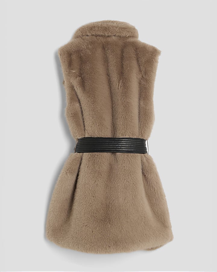 Girls Brown Faux Fur Belted Gilet
