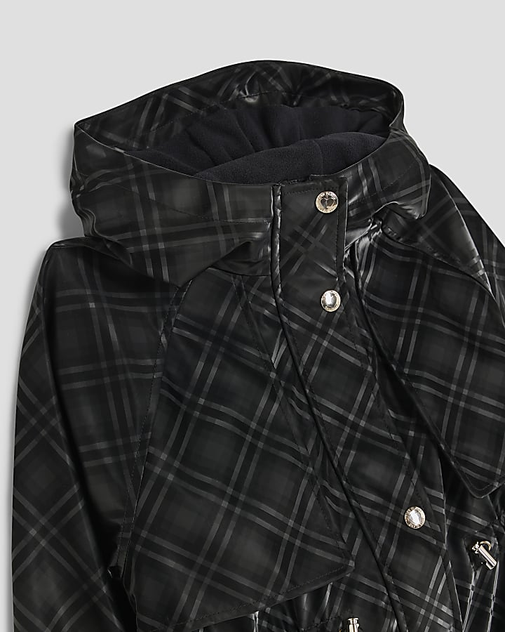 Girls Black Check Raincoat