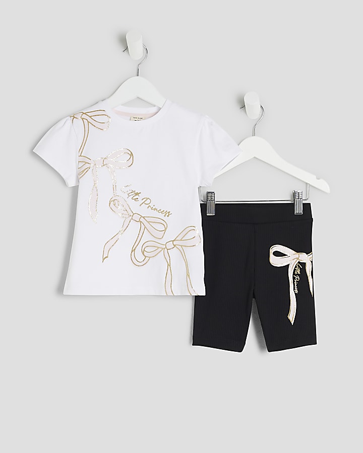 Mini Girls White Bow T-shirt And Shorts Set