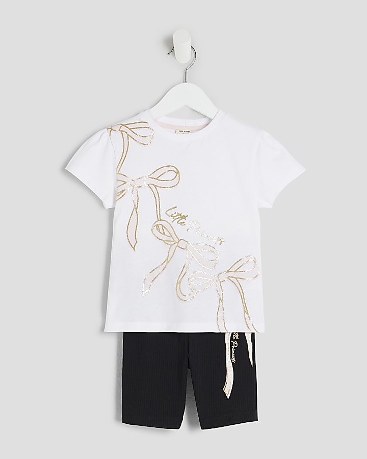 Mini Girls White Bow T-shirt And Shorts Set
