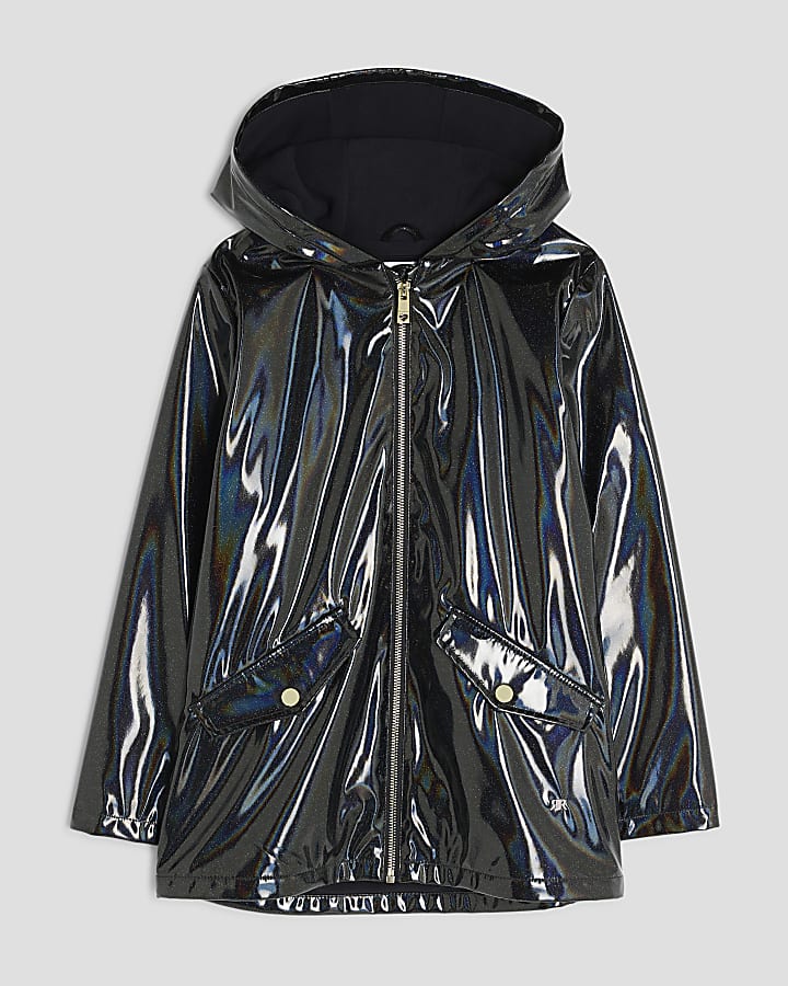 Girls Black Glitter Rain Mac