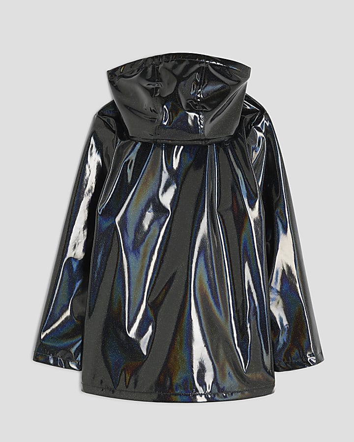 Girls Black Glitter Rain Mac