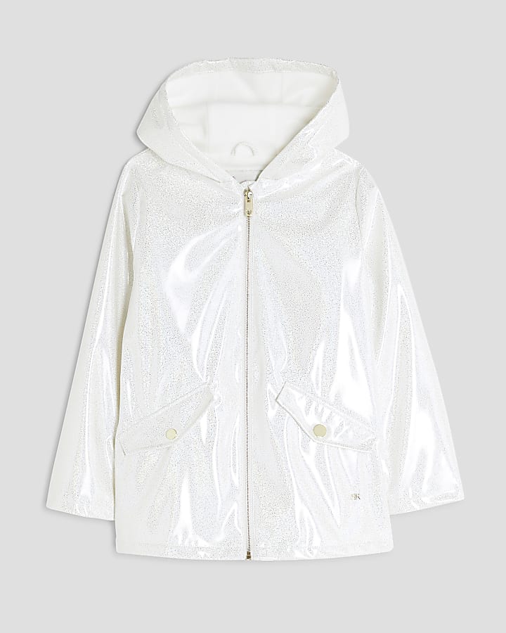 Girls White Glitter Rain Mac
