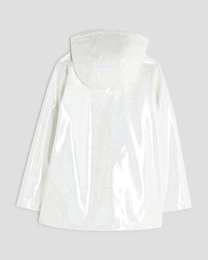 Girls White Glitter Rain Mac