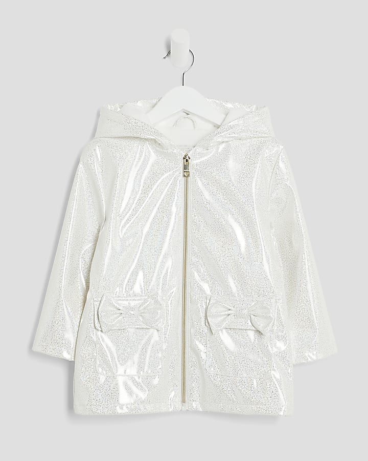 Mini Girls White Bow Glitter Rain Mac