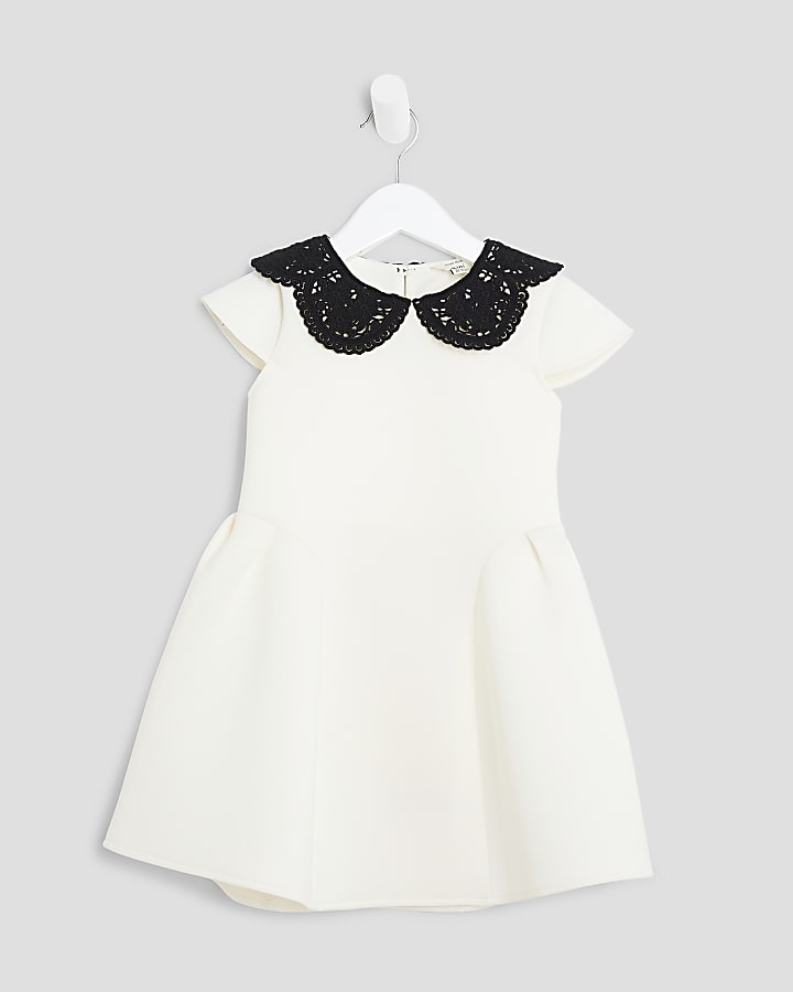 Mini Girls Cream Collar Bow Back Dress