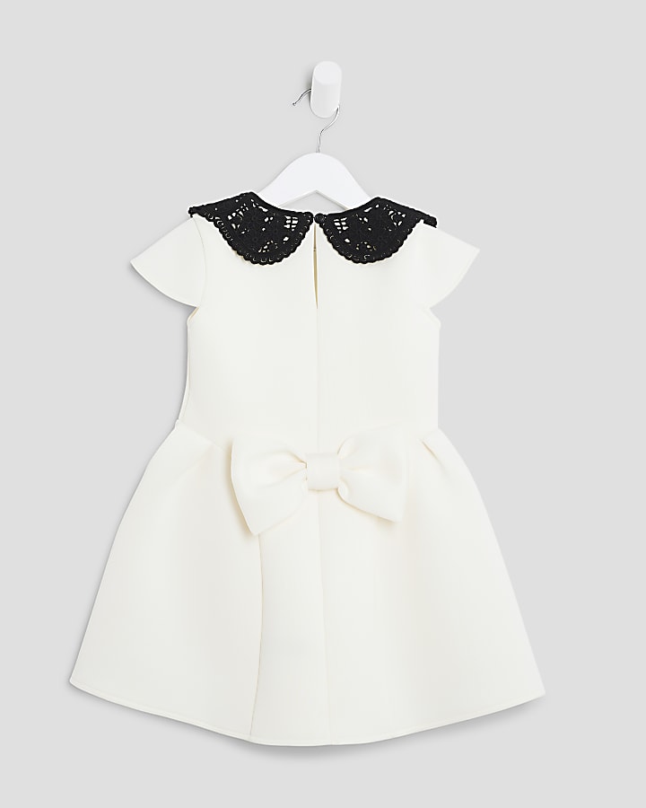 Mini Girls Cream Collar Bow Back Dress
