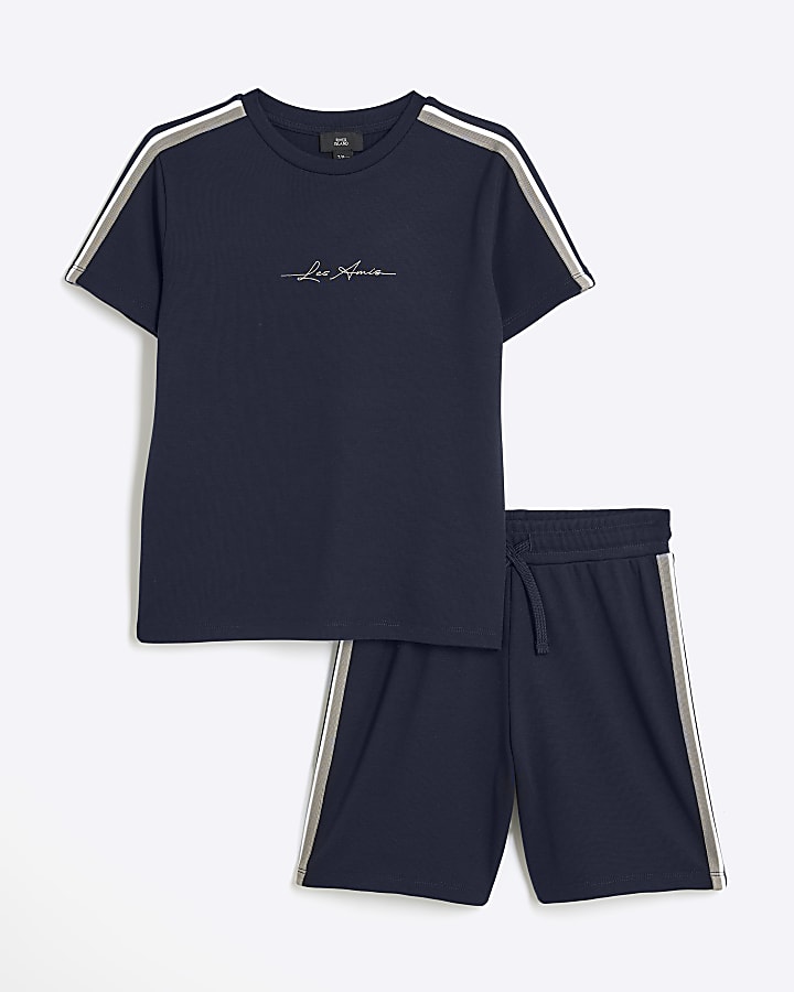 Boys Navy Taped T-Shirt And Shorts Set