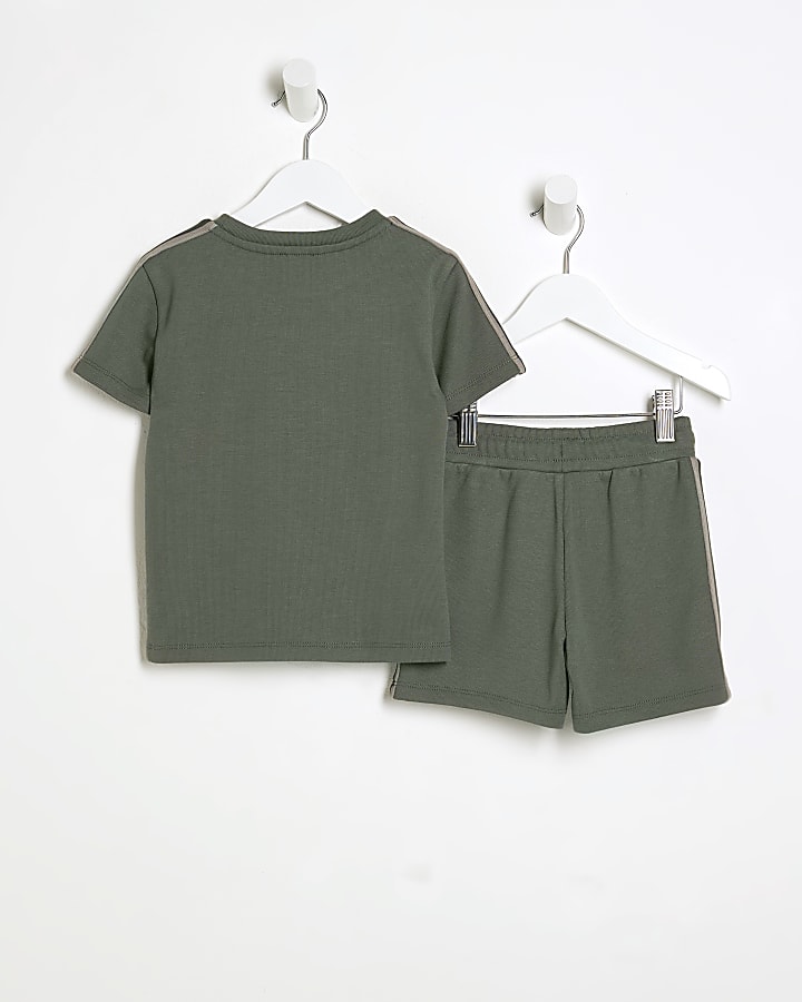 Mini Boys Khaki Taped T-Shirt And Shorts Set