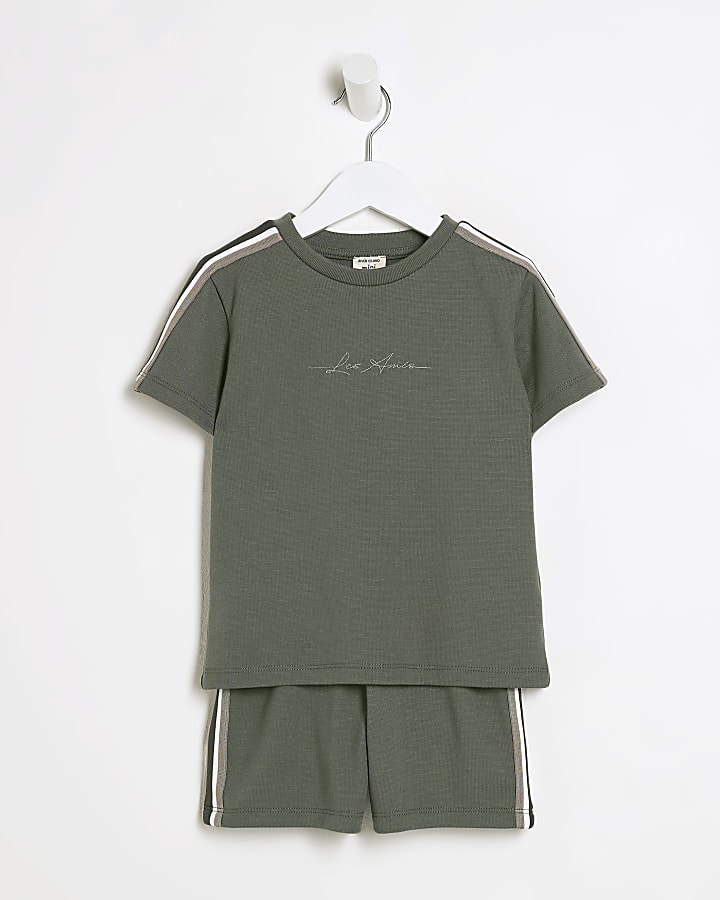 Mini Boys Khaki Taped T-Shirt And Shorts Set