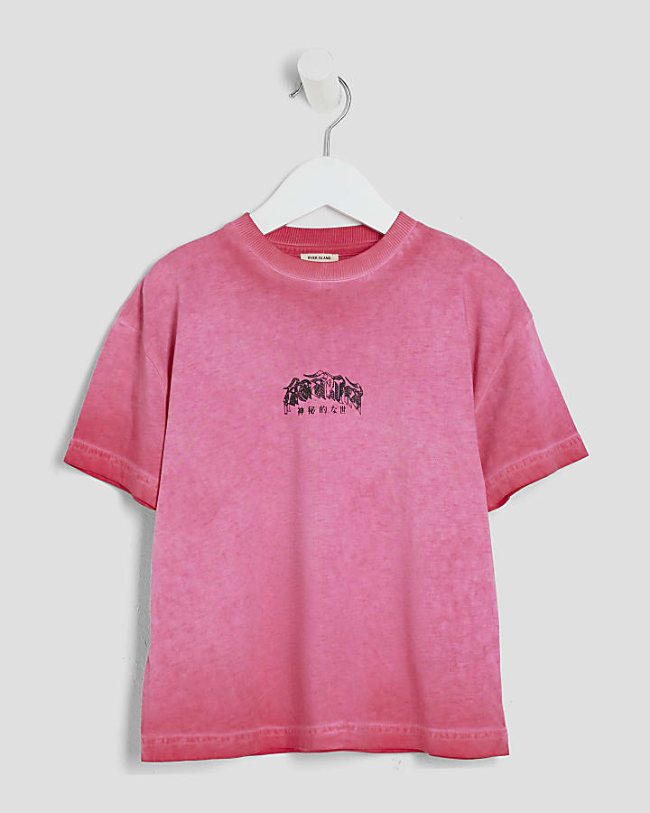 Mini Boys Pink Oil Washed Gothic T-Shirt