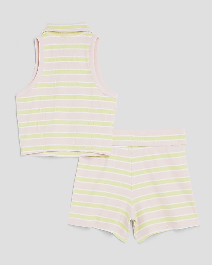 Girls Pink Stripe Top And Shorts Set