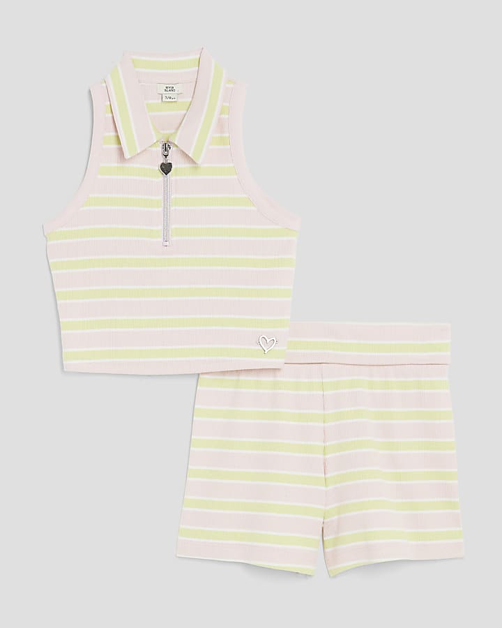 Girls Pink Stripe Top And Shorts Set