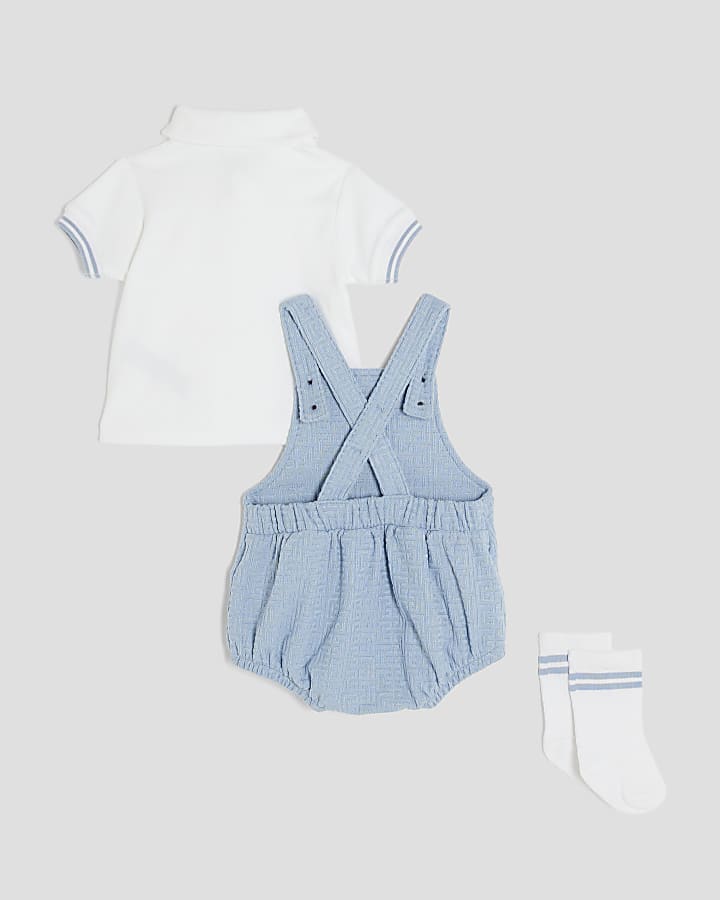 Baby Boys Blue Textured Romper 3 Piece Set