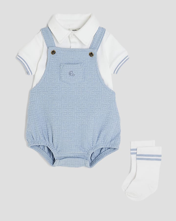 Baby Boys Blue Textured Romper 3 Piece Set