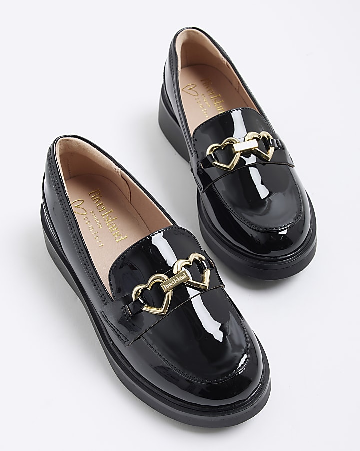Girls Black Wedged Bow Loafers