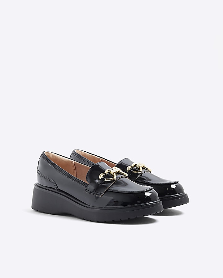 Girls Black Wedged Bow Loafers