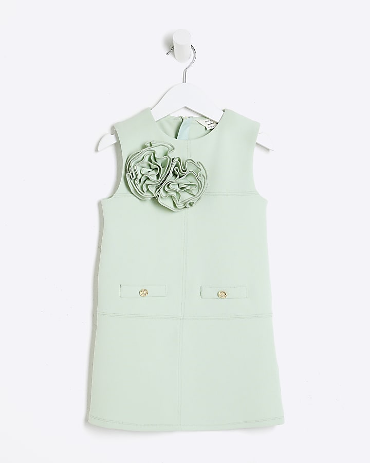 Mini Girls Green Scuba Corsage Shift Dress