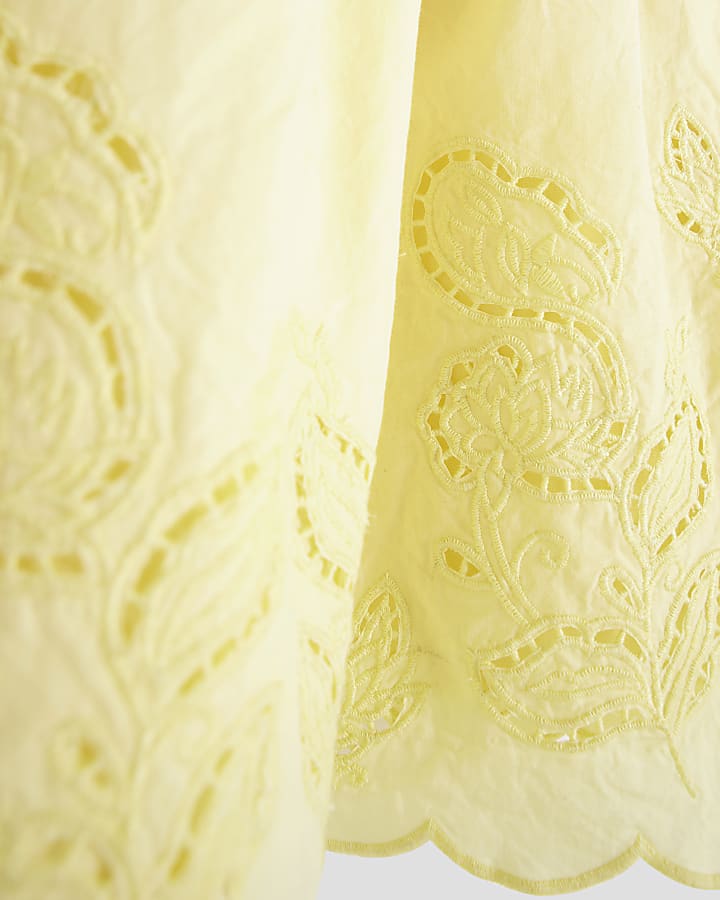 Girls Yellow Cutwork Puff Sleeve Dress