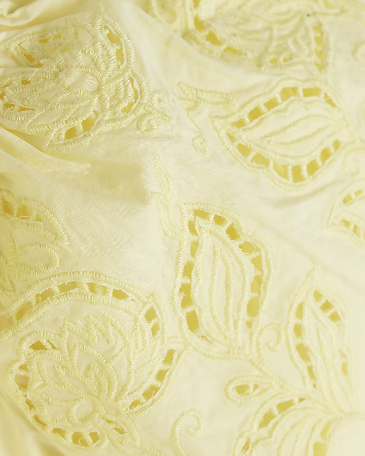 Girls Yellow Cutwork Puff Sleeve Dress