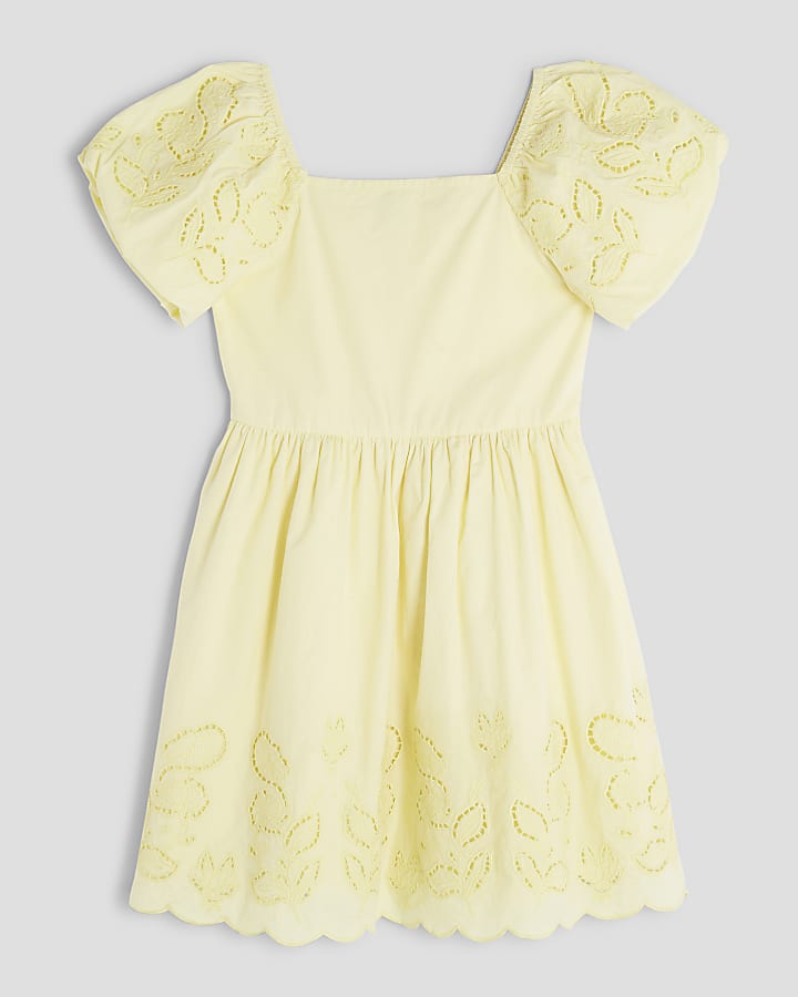 Girls Yellow Cutwork Puff Sleeve Dress