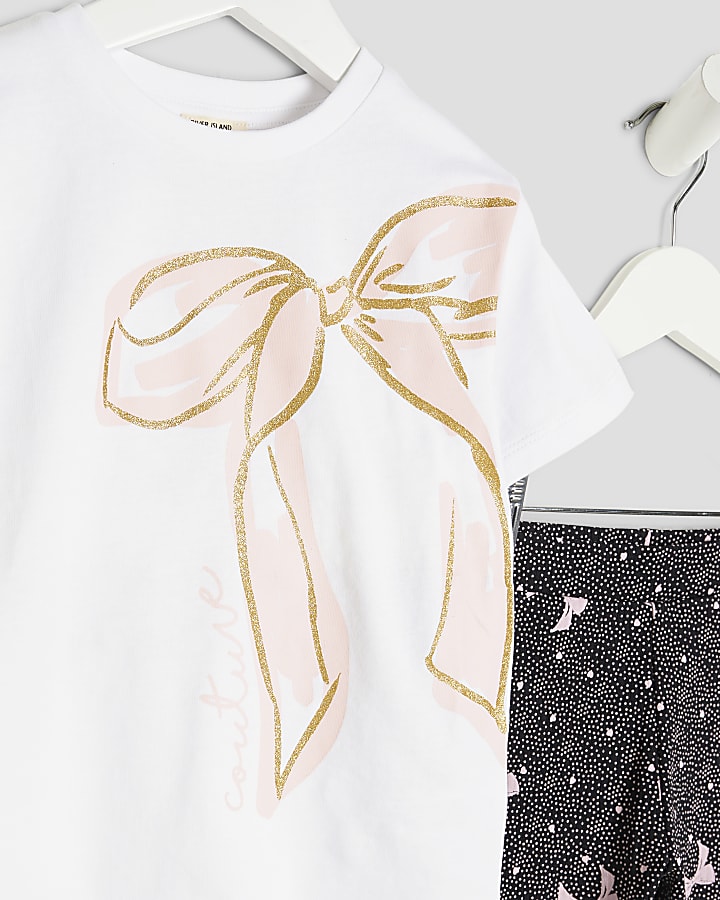 Mini Girls White Bow T-shirt And Legging Sets