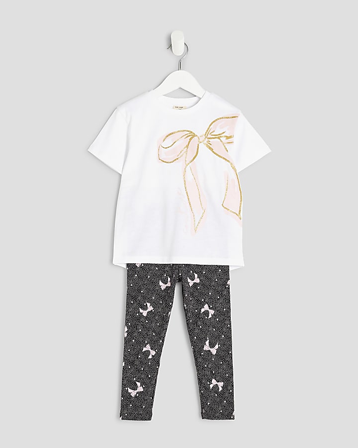 Mini Girls White Bow T-shirt And Legging Sets