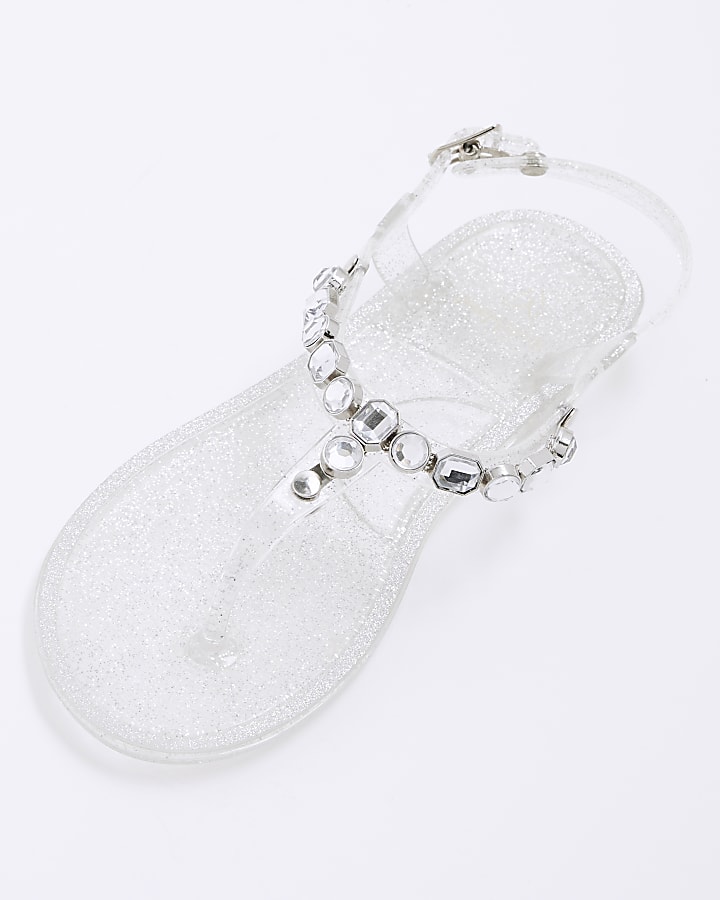 Girls Silver Jewel Jelly Thong Sandals