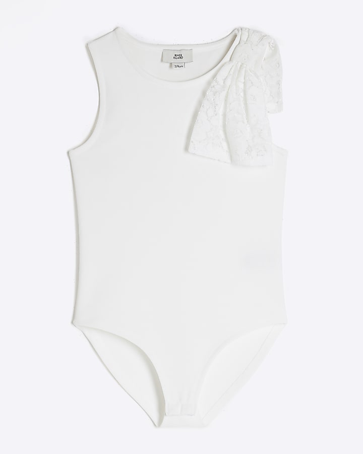 Girls White Broderie Bow Bodysuit