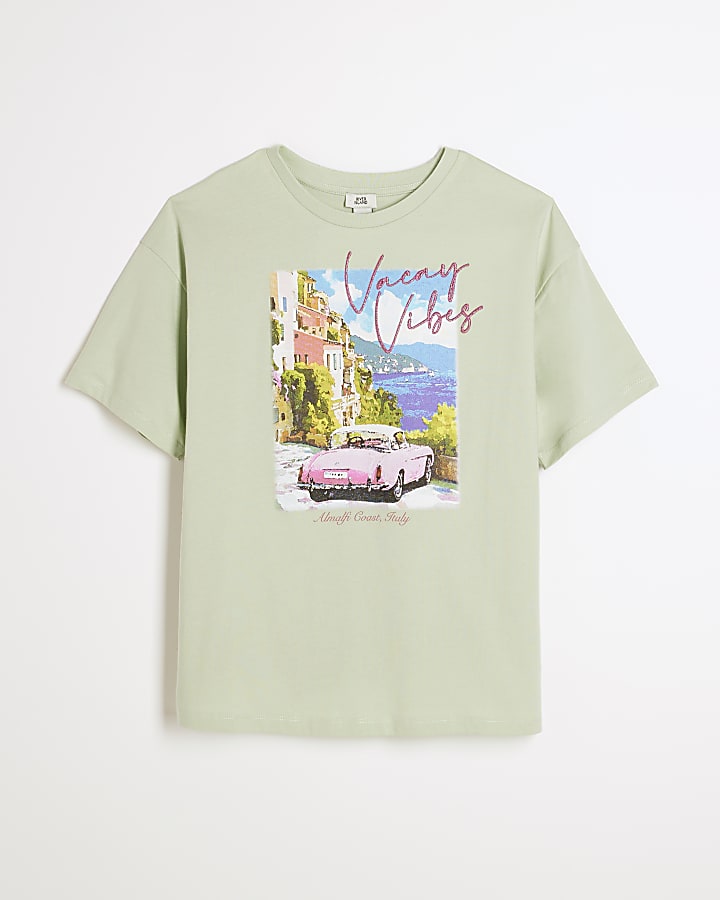 Girls Green Vintage Car T-Shirt