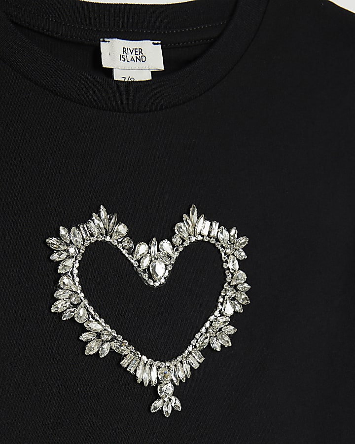 Girls Black Diamante Heart Peplum T-Shirt