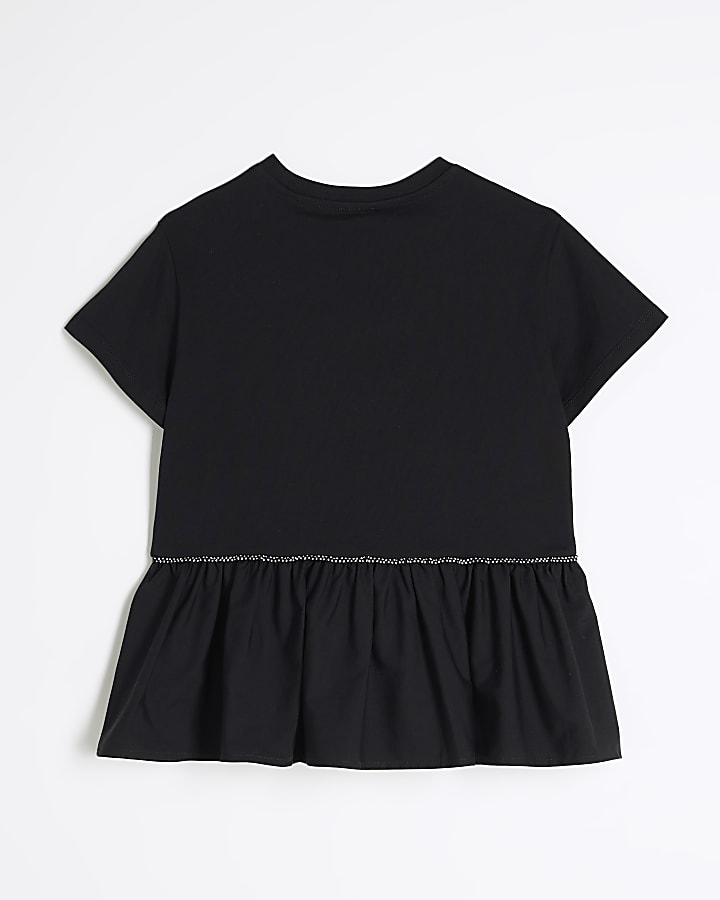 Girls Black Diamante Heart Peplum T-Shirt