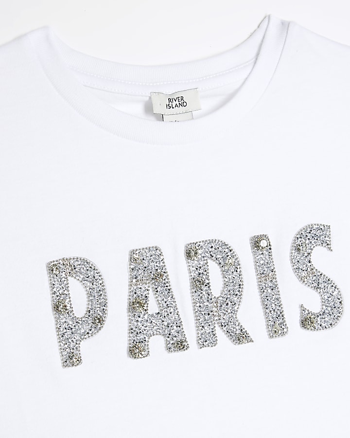 Girls White Diamante Paris Peplum T-Shirt