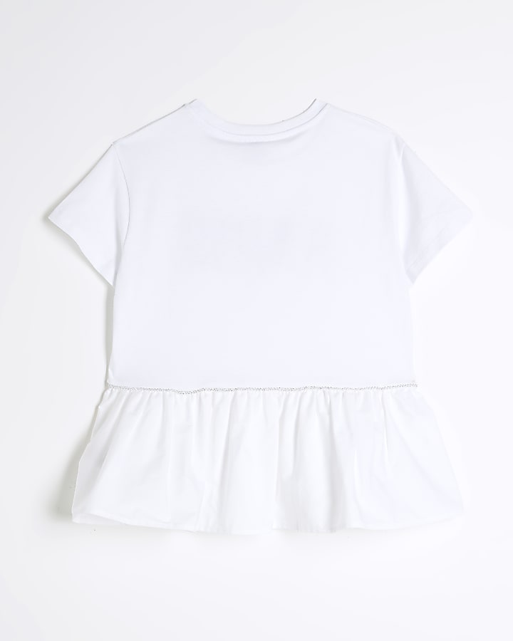 Girls White Diamante Paris Peplum T-Shirt