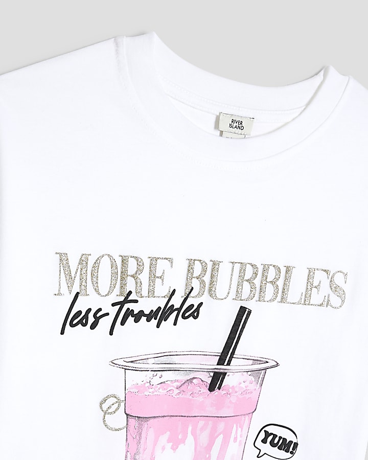 Girls White Glitter More Bubbles T-Shirt