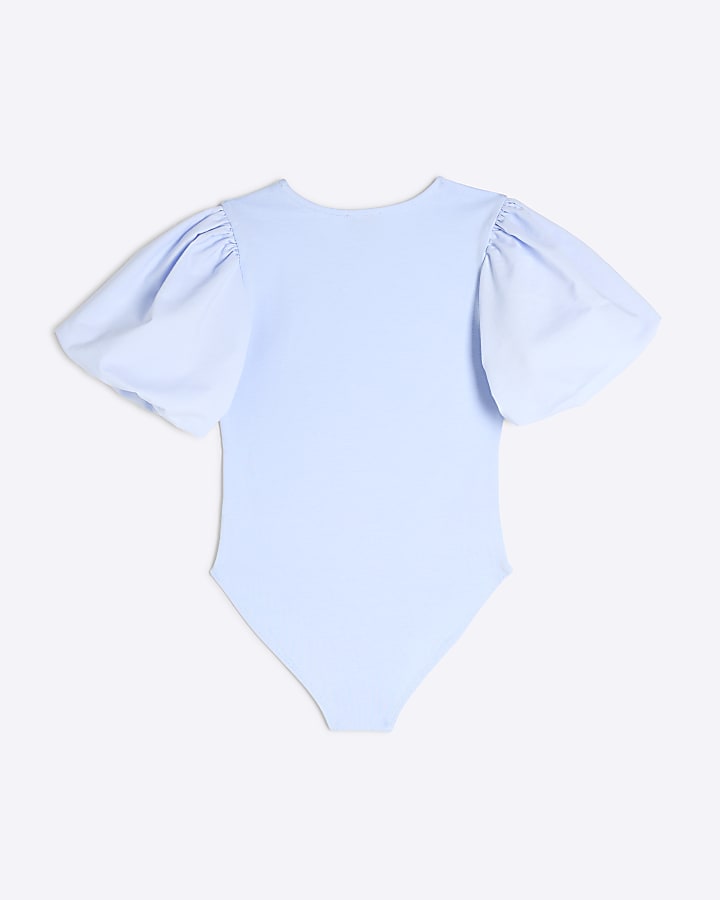 Girls Blue Puff Sleeve Bodysuit