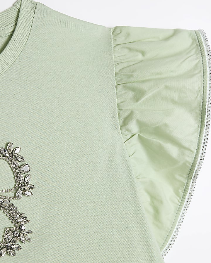 Girls Green Diamante Bow Frill T-Shirt